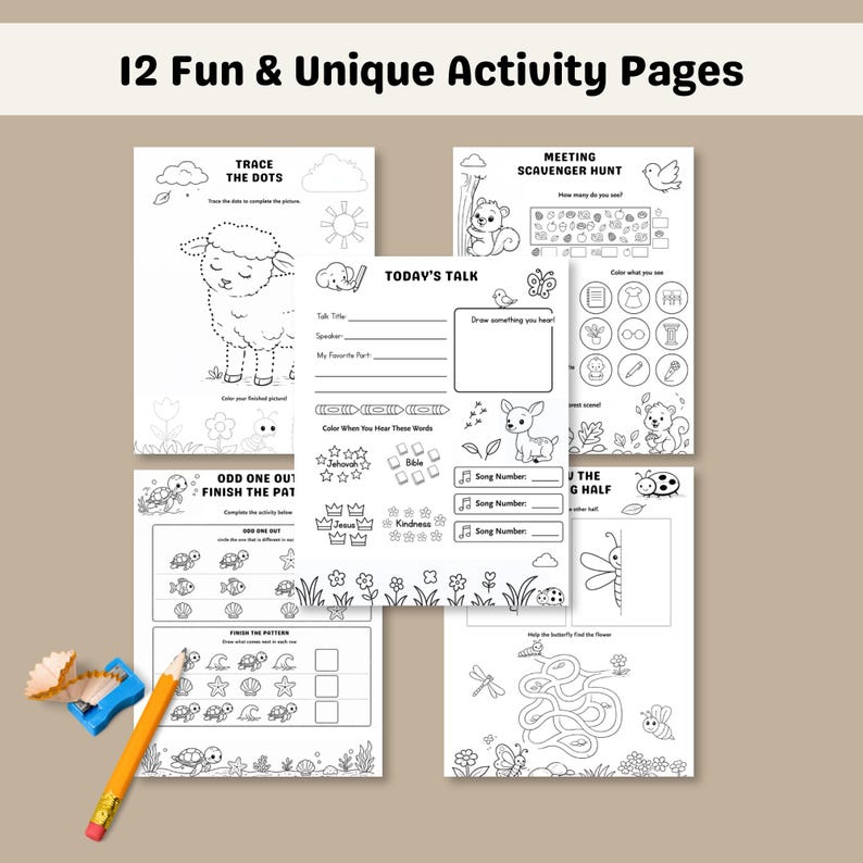 JW printable kids workbook showing different activity pages like maze dot tracing pattern and writing for meeting use