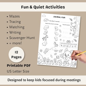 Fun and quiet activities for kids during meetings including mazes tracing matching writing and scavenger hunt printable workbook