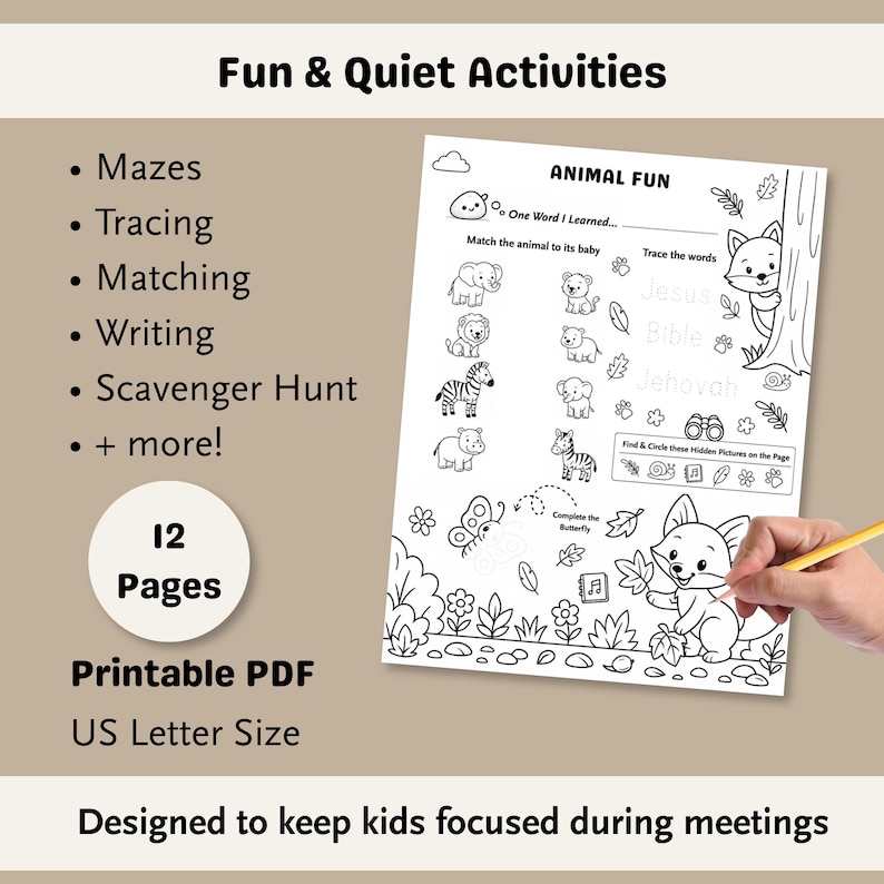 Fun and quiet activities for kids during meetings including mazes tracing matching writing and scavenger hunt printable workbook