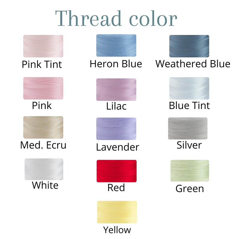 May include: A chart showing 12 different thread colors, including pink tint, heron blue, weathered blue, pink, lilac, blue tint, medium ecru, lavender, silver, white, red, green, and yellow.