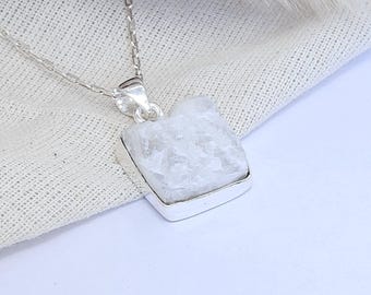 Rauer Mondstein Edelstein Quadrat Silber Anhänger Schmuck * Statement 925 Sterling Silber Zeitloser und moderner Schmuck für Geschenk