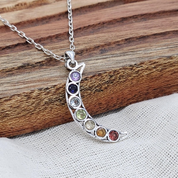 Handmade Dainty 7 Chakra Gemstone Half Moon Silver Pendant – 925 Sterling Silver Bohemian Jewelry