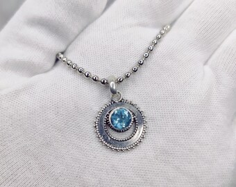 Vintage Natural Topaz Pendant, Gemstone Pendant, Blue Pendant, 925 Sterling Silver Jewelry, Birthday Gift, Pendant For Daughter