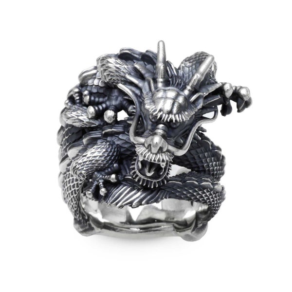 silver dragon ring,dragon jewelry men,asian dragon,oriental dragon,japanese dragon,chinese dragon,dragon head ring,made in japan,size 16