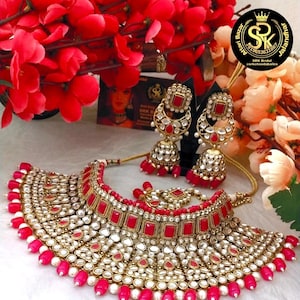 Set di collana girocollo Kundan rosa acceso - Gioielli semi-da sposa