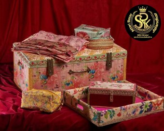 Wedding Trunks in Rich Red Art Slik with Mithi Box , Jewellery Box , Pajji Pouch and Sughun Envelopes