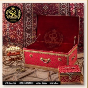 Rich Silk Red Brocket Trousseau Trunk with Chooda, Kaleera Box Wedding Trunk , Indian Wedding Jewelry , Wedding Welcome Sign , Wedding Gifts