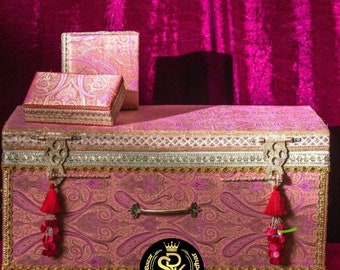 Rich Silk Baby Pink Brocket Trousseau Trunk with Jewellery Box and Choker Set Box By Srk