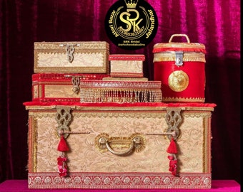 Gold Banarasi Trousseau Essentials, Wedding Trunks, Thali , Chooda Box, Mithai Boxes , Gift Boxes