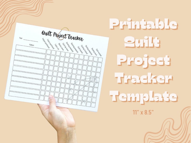 May include: Printable quilt project tracker template in black and white. The template is 11 inches by 8.5 inches and includes columns for year, pattern, pattern purchased, fabric purchased, fabric cut, quilt top assembled, quilting completed, binding prepared, binding sewn, quilt finished, and notes.