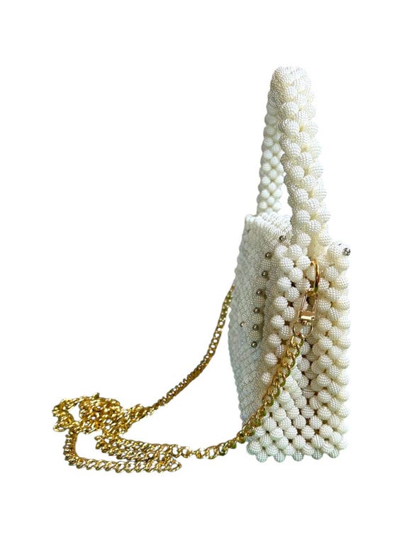 Petit Sac à Main Perles Blanches – Chaîne Dorée – Occasion Très Bon état (sans Marque)