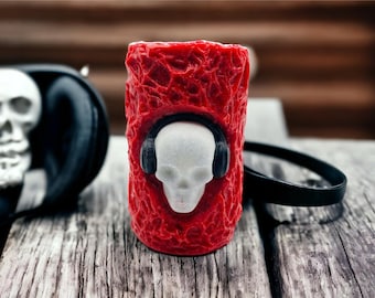 Handmade Skull Candle with Headphones, Rock Band Decor, Halloween Gift