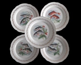 Ensemble vintage de 5 assiettes à thème de poisson en porcelaine Français 5 assiettes de poisson d'eau douce avec bord doré Digoin Sarreguemines Circa années 1960 / 1970