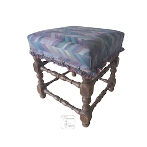 Vintage French Found Wood And Upholstered Footstool Stool Seat Display Fabric Upholstery Piano Stool Occasional Seating Prop Circa 1960’s