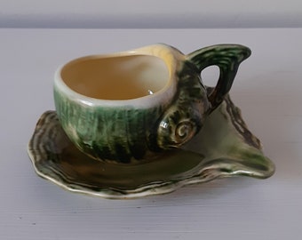 Vintage Figural Barbotine Majolica Shell Form Teacup and Saucer Oyster Shell Green Glaze Circa 1950&#39;s