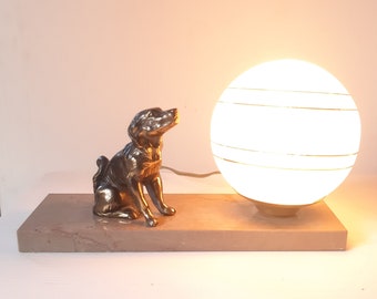 Vintage Art Deco Style French Table Lamp Dog Marble Glass Gold Gilt Table Lamp Bedside Lamp Ambient Lighting Circa 1950's