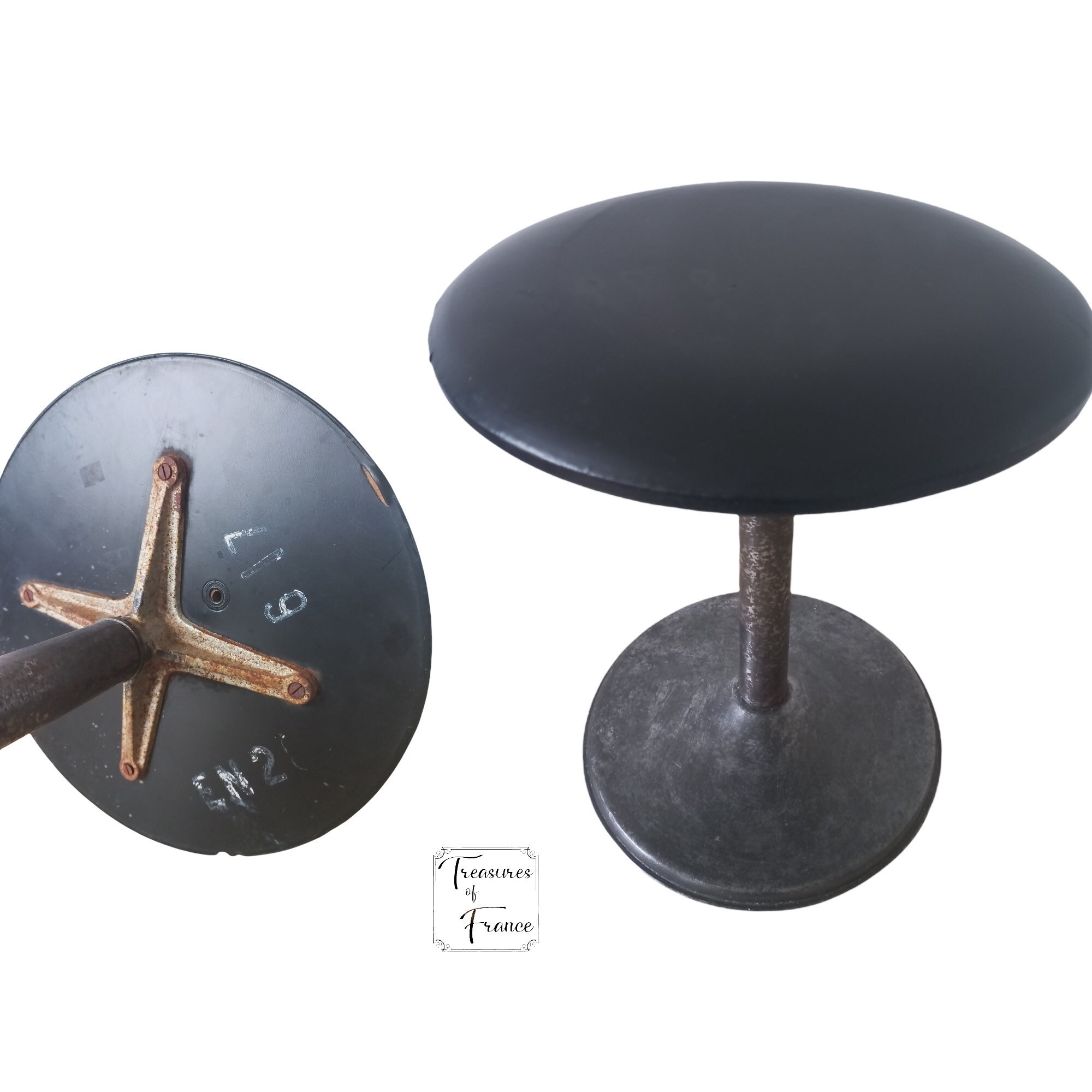 Vintage Français Metal Tabouret Noir Leatherette Couvert Robuste Affichage Sièges Industriel Loft Ac