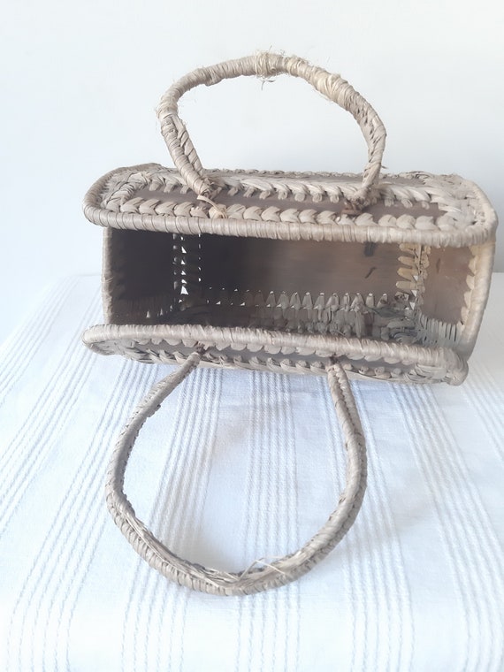 Vintage Wooden and Raffia Basket Style Hand Bag U… - image 4