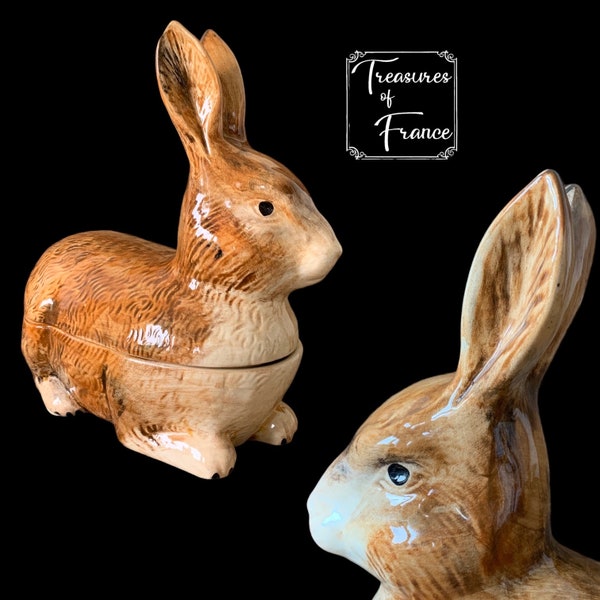 French Majolica Caugant Hare Tureen Terrine Lièvre Serving Dish Country Kitchen Display Ornament Ceramique Art De La Table Gift Circa1960’s
