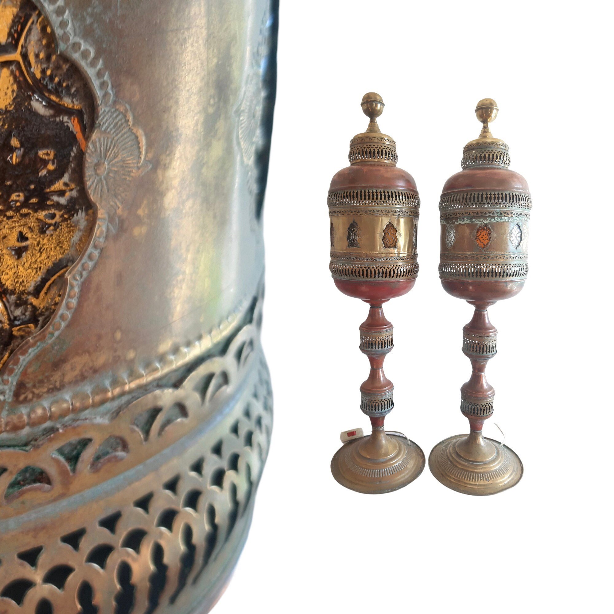 Vintage Rare Paire de Style Arabe Lampadaire en Cuivre Afrique Du Nord Cuivre Lampe Verre Exotique B