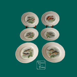 Vintage Set Of 6 French Porcelain Deshoulieres Themed Six Freshwater Fishes Plates Chef Plate Gift Angler Gift Kitchenware Circa 1980's