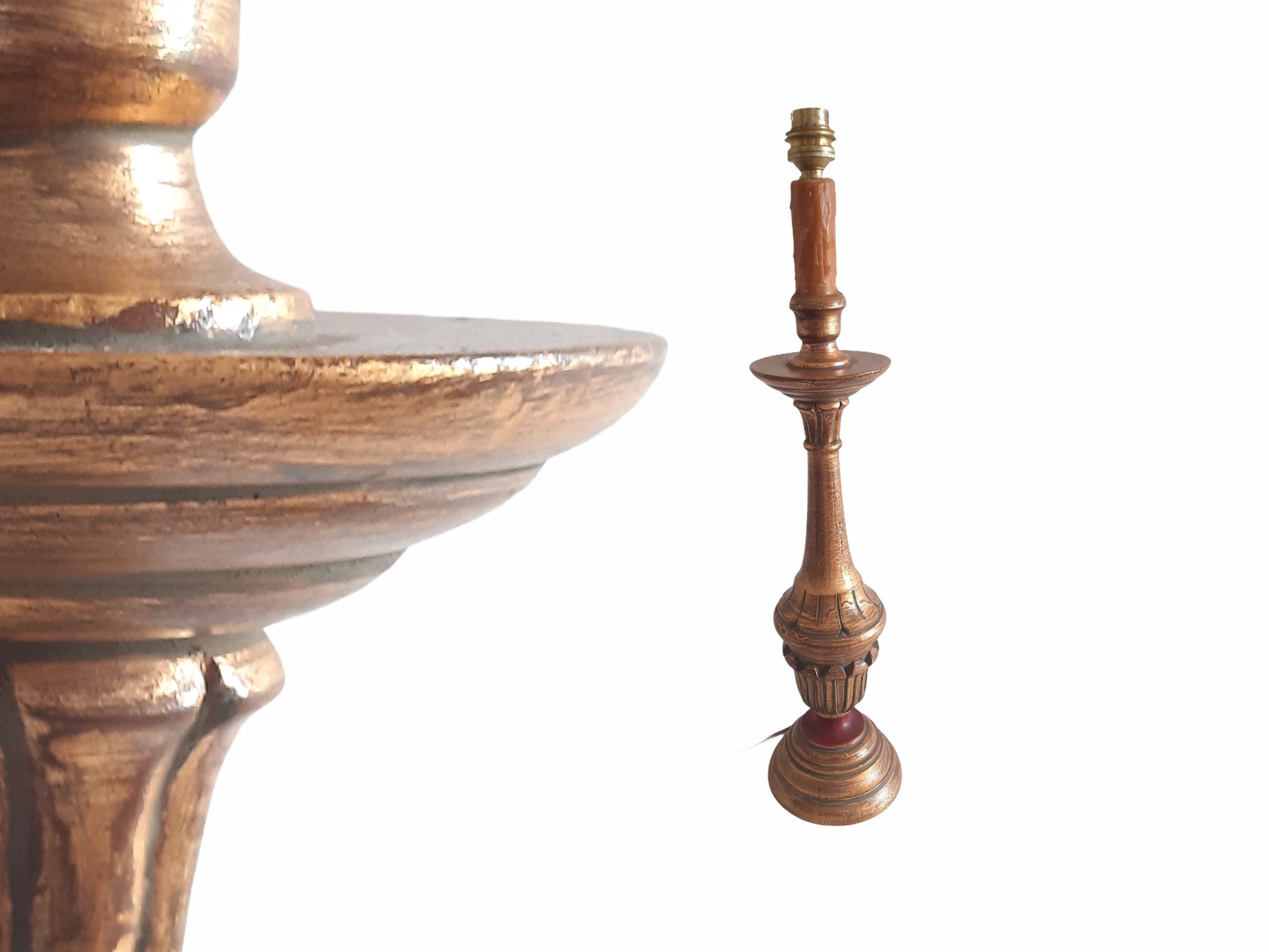 Vintage Rare Wooden Lamp Stand Pied de Lampe Italien Sculpté Tournage sur Bois Peint Gilt en Décor M