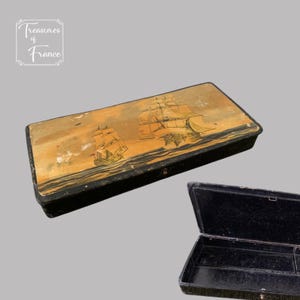 Trousse ancienne en carton bouilli, boîte laquée old school, décor de bateau, couvercle à charnière, style Napoléon III, cadeau de collectionneur, vers 1920'
