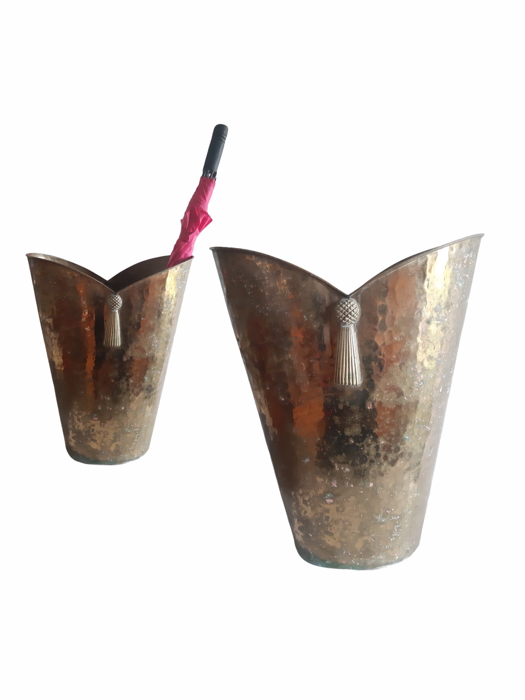 Vintage Brass/Copper Umbrella Walking Stick & Cane Stand Copperware Handmade Heavy Hammered Props Ci