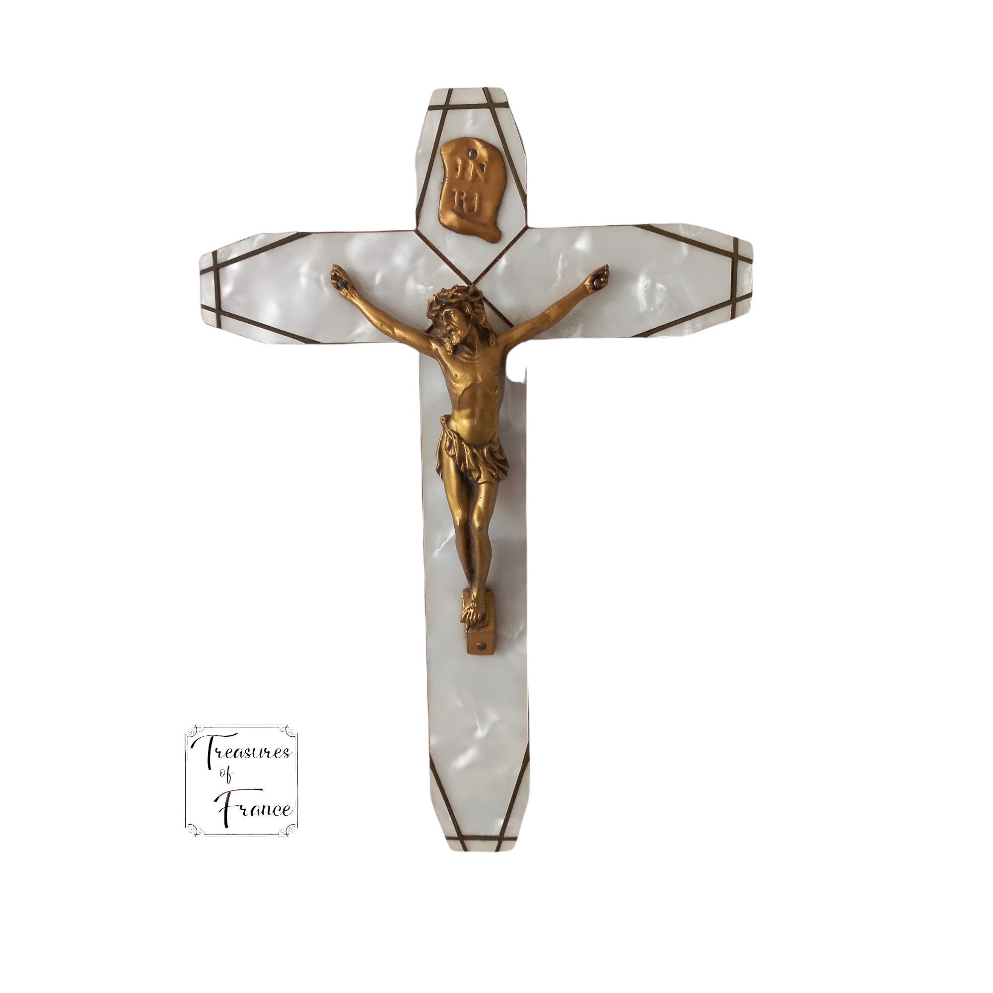 Antique Français Art Déco Fausse Nacre Or Spelter Crucifix 10 Artéfact Religieux Pendentif Croix Chr