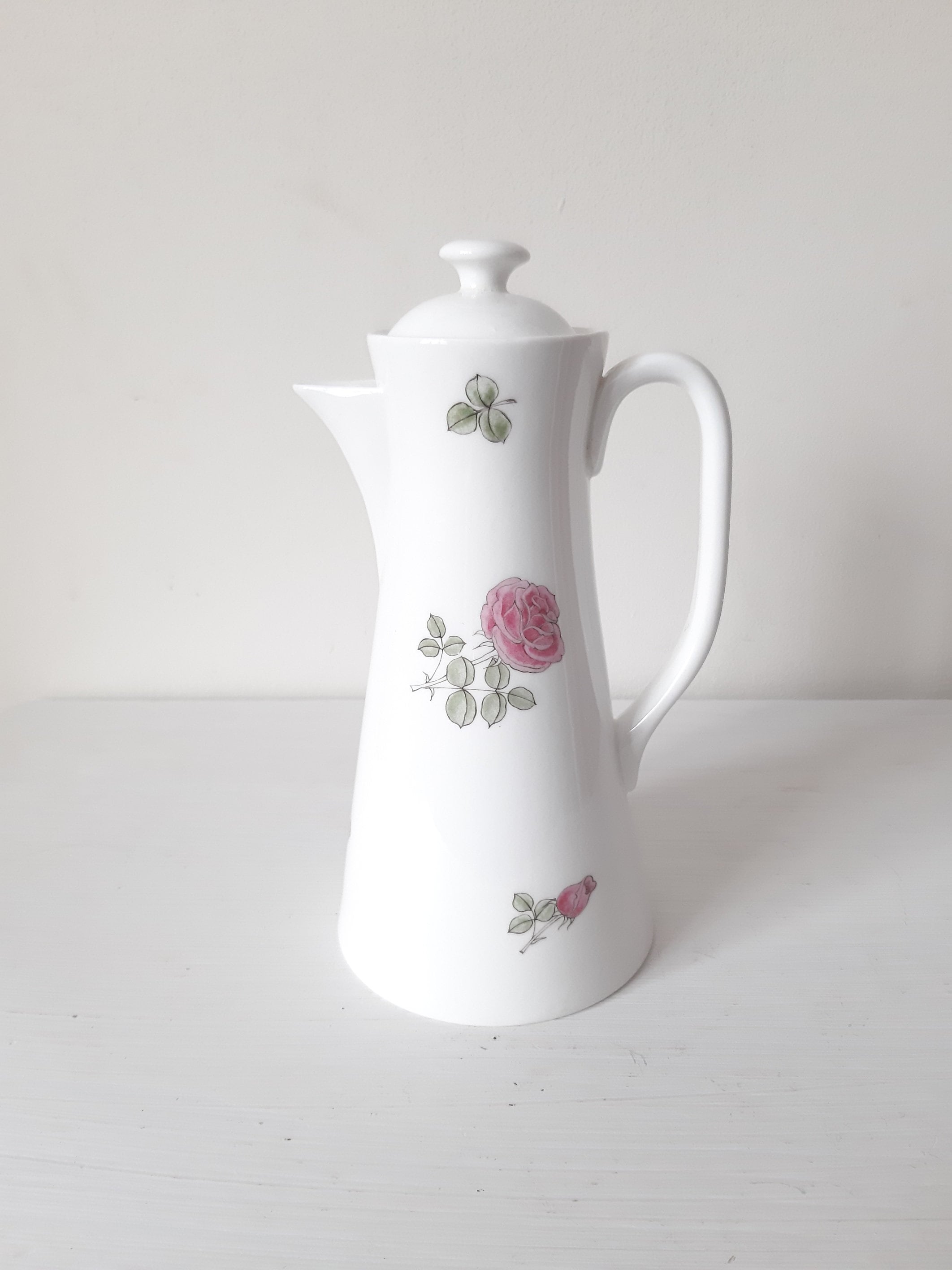 Vintage White With Rose Floral Design Coffee/Tea Pot Ceramic Handle Home Décor Kitchen Decor Gustavb