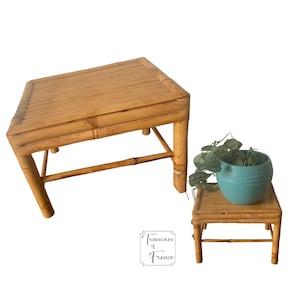 Puede incluir: Dos mesas auxiliares de bambú natural con tapa cuadrada y cuatro patas. La mesa más grande está en el fondo y la mesa más pequeña está en primer plano. Un macetero turquesa con una planta verde está encima de la mesa más pequeña.