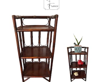Vintage French Dark Varnished Small Bamboo Woven Wicker Cane Canework Wooden Three Tier Standing Small Shelf Shelving Unit circa 1970’s