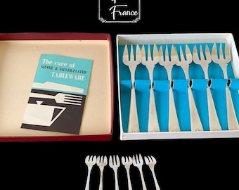 Vintage Silver-plated Dessert Forks Cake Forks Flatware Set of 6 EPNSA A England Hallmarks Original Box Singer Corporate  Gift Circa 1960’s