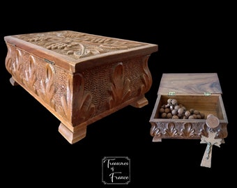 Ancienne Boîte En Bois Sculpté - Décoration Vintage, Travail Fait Main, Bon état