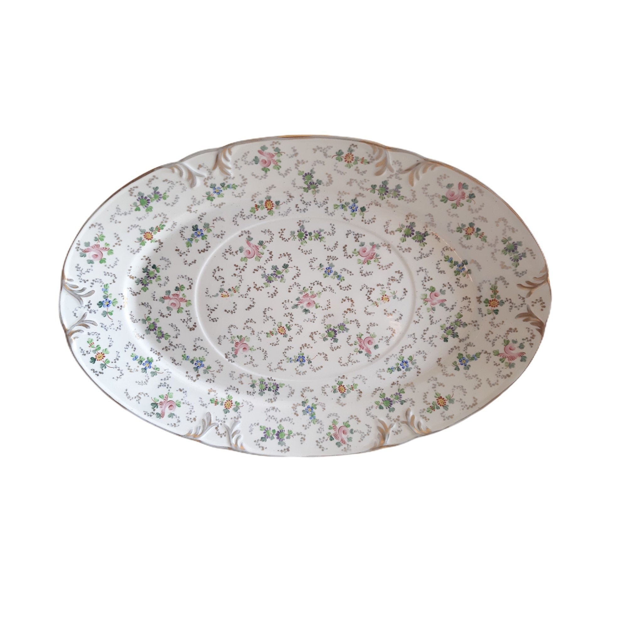 Vintage Français Plateau de Plat en Porcelaine Servant avec Un Joli Design Fleuri Peint à La Main Cu