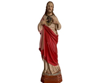 Vintage French Chalk-ware Plaster Jesus Christ Figurine Jesus Sacred Heart Religious Art Ornament Religious Decor Shrine Circa 1940&#39;s