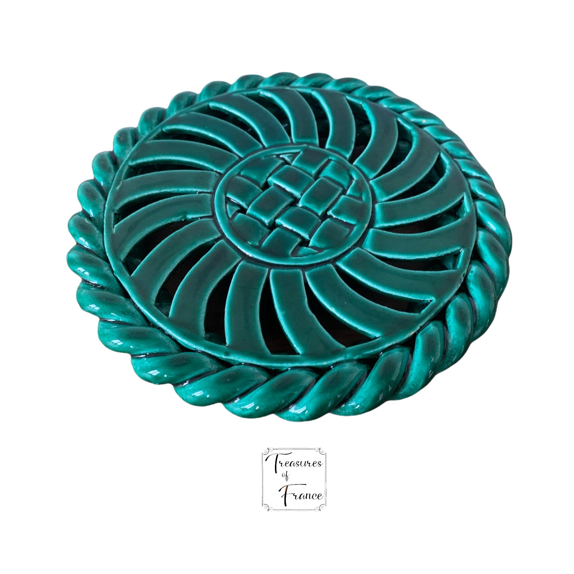 Vallauris Rare Trivet Français Céramique Tissée Émeraude Vert Table Centre de Table Poterie Cuisine 