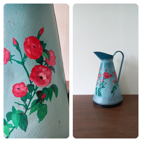 Vintage Large Broc French Zinc Painted Blue Floral shops Decoration Signed Jug French Décor Farmhouse Kitchen Garden Decor Planter Circa 1970’s