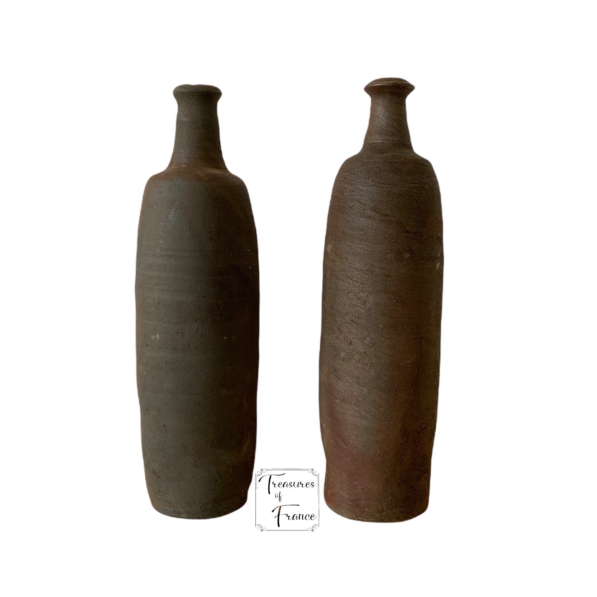 Antique Paire de Grande Bouteille Ger Faite à La Main Français Poterie Grès Vase Cadeau Affichage Fe