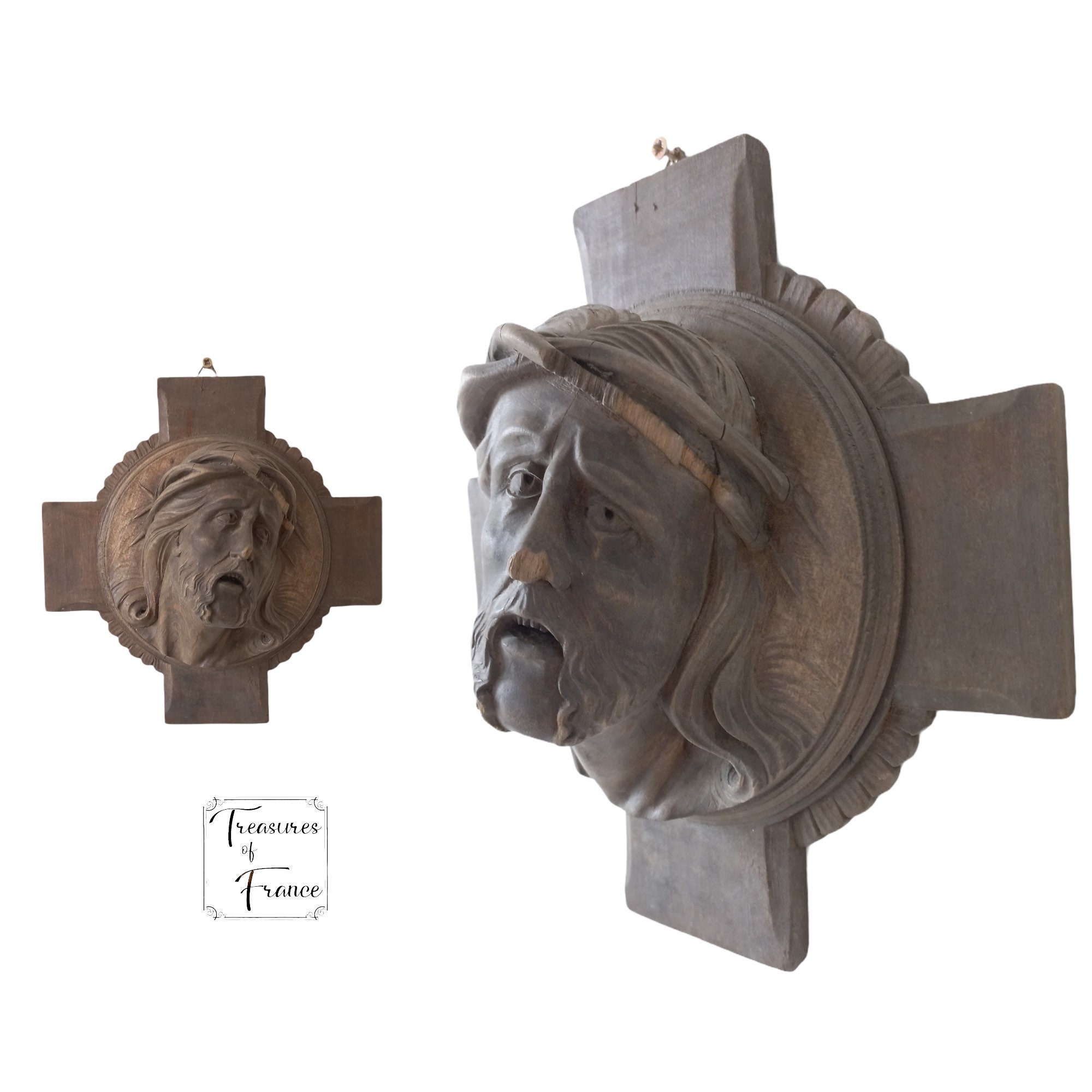 Sculpture Antique en Bois Sculpté Christ Portant La Couronne d'épines Wallhanging Art Religieux Cade