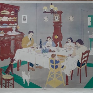 Póster educativo vintage de escuela francesa, impresión original de la década de 1950: A la mesa, a la hora de la cena. A la mesa, circa 1950.