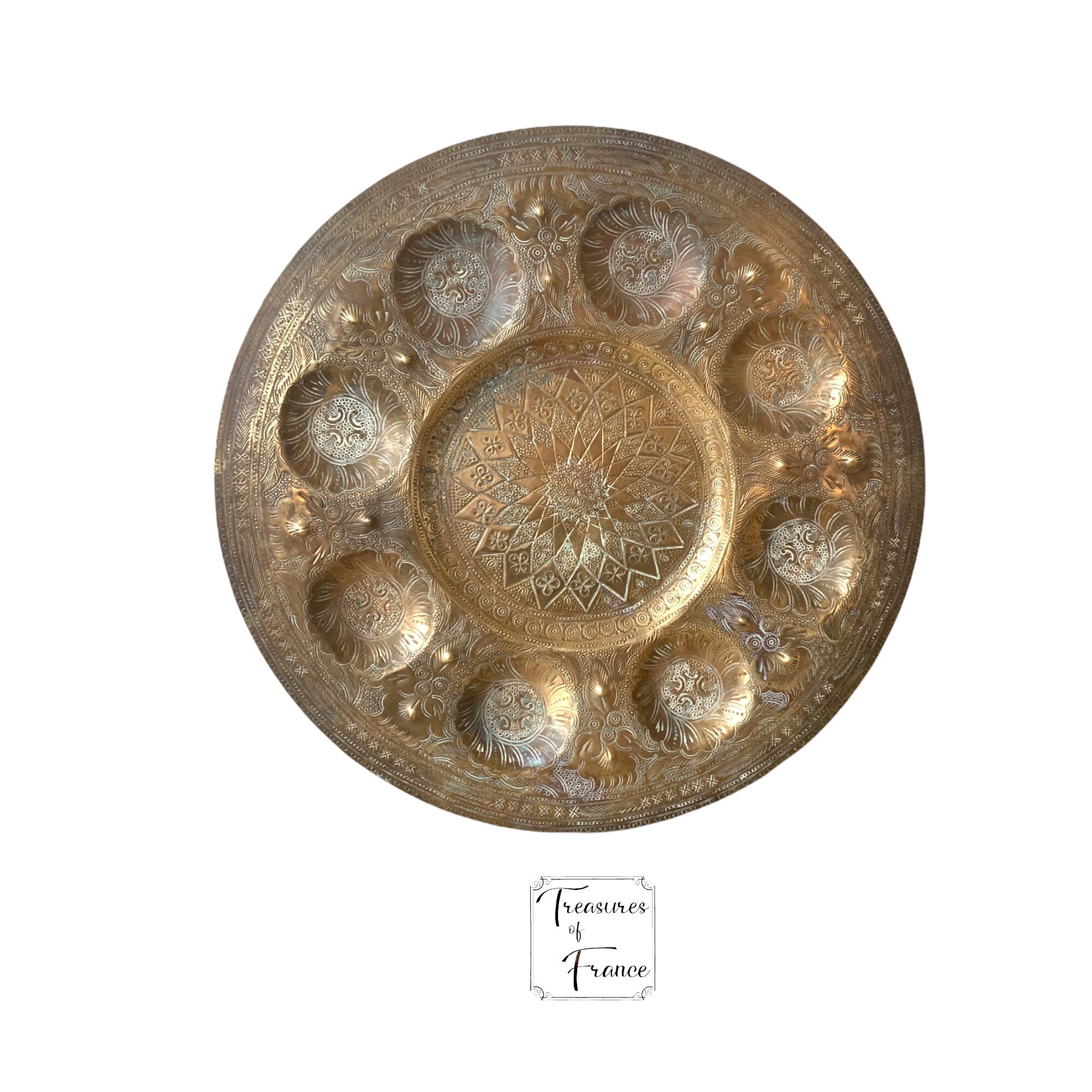 Vintage 14 Plateau/Assiette en Laiton Marocain Servant Des Boissons Thé Fait à La Main Gaufré de Sty