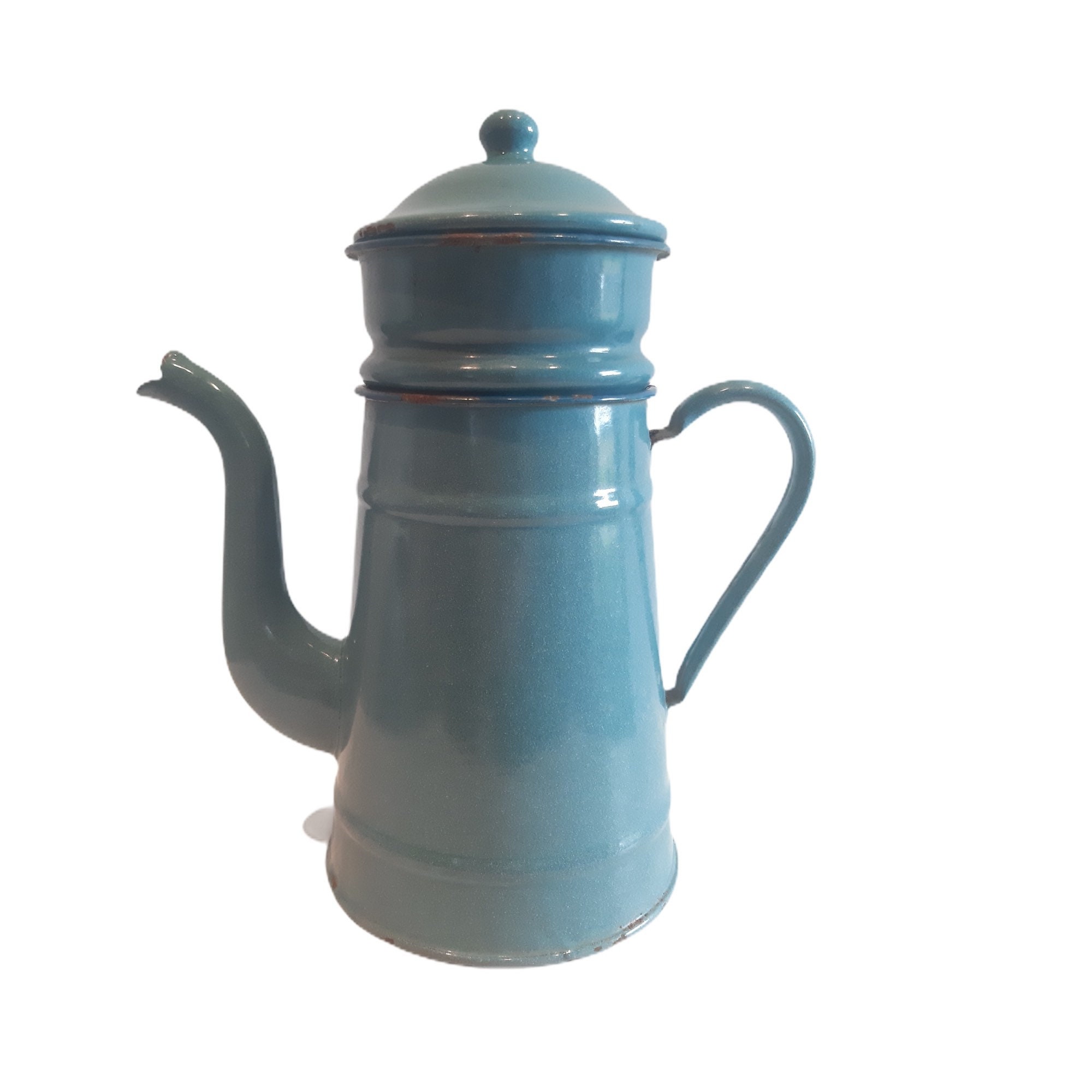 Vintage Blue Enamel Coffee Pot 6” Tall Collectible Enamelware Speckled