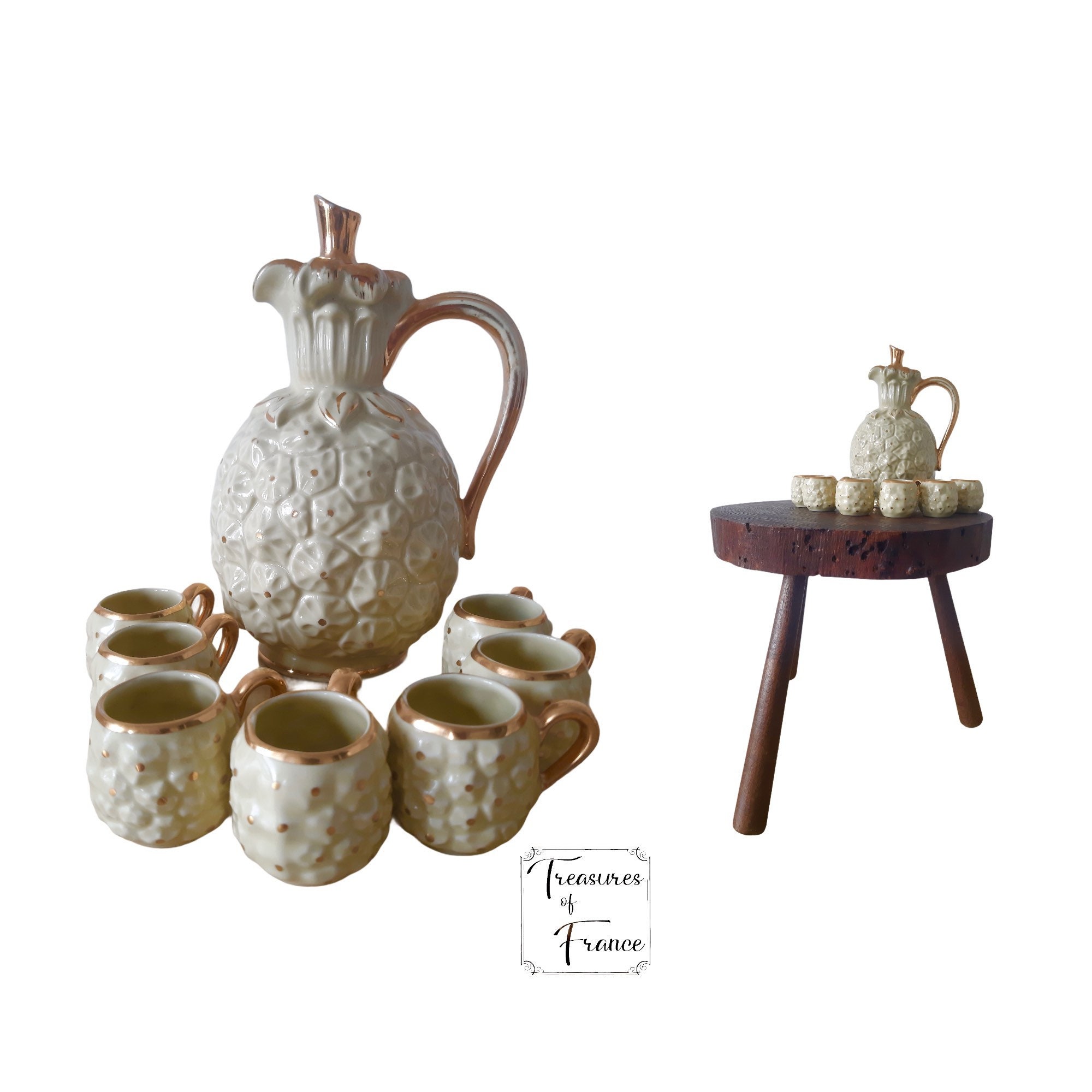 Vintage Français Liquor Service Ananas Porcelain Jug Pitcher Gold Porcelac Pot Vase Container Storag