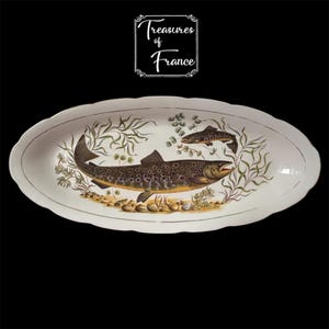 Bandeja ovalada grande de porcelana francesa vintage para servir pescado, centro de mesa para banquetes, estilo Imperial Limoges, para servir salmón o trucha, circa 1980.