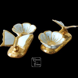 Porzellan Limoges Salz und Pfeffer Spender Schmetterling Design Vergoldetes Emaille Gold Stilvolles Retro Gericht Sammlerstück Limoges Um 1960er Jahre