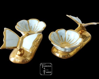 Porcelain Limoges Salt and Pepper Dispenser  Butterfly design Gilded Enamel Gold Stylish Retro Dish Collectible Limoges Circa 1960’s