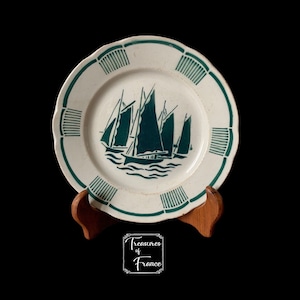 Antique Rare Boat Plate Green stylization Boat design Fishing Boats Plate  Green Transferware  Worn Plate Collectible Plate Circa 1900’s