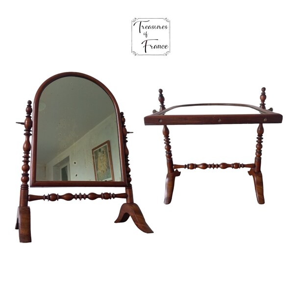 Ancien miroir de toilette pivotant, France, noyer, cadre avec tiges en bois tourné, miroir au mercure, dressing réglable, miroir de courtoisie, vers 1900