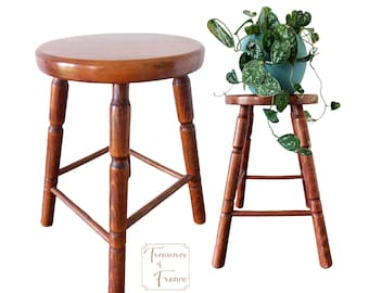 Vintage Wooden Stool Seat Tabouret  Round 4 legged Turned Wood  Side Stool Plant Pot Stand Rustic Prop Medium Stool Display Circa 1990’s